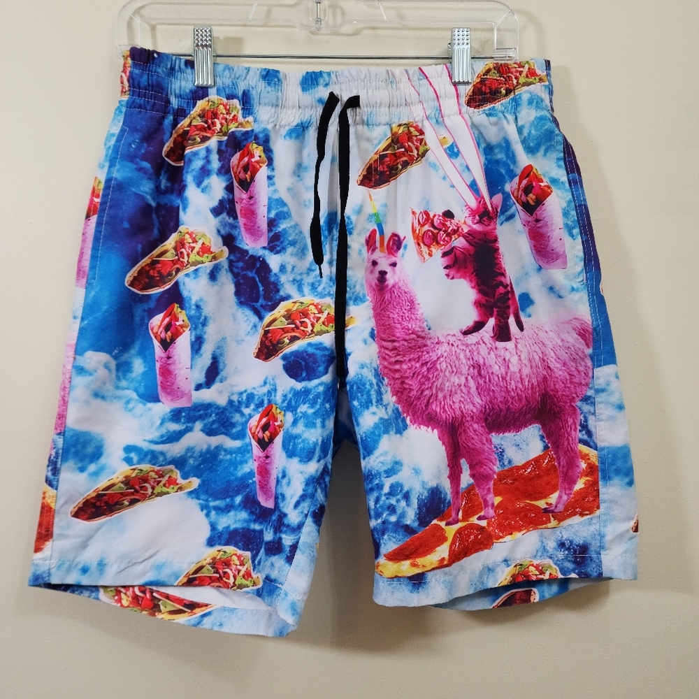 Cat riding a llama taco burrito print fully lined swim shorts men's size small